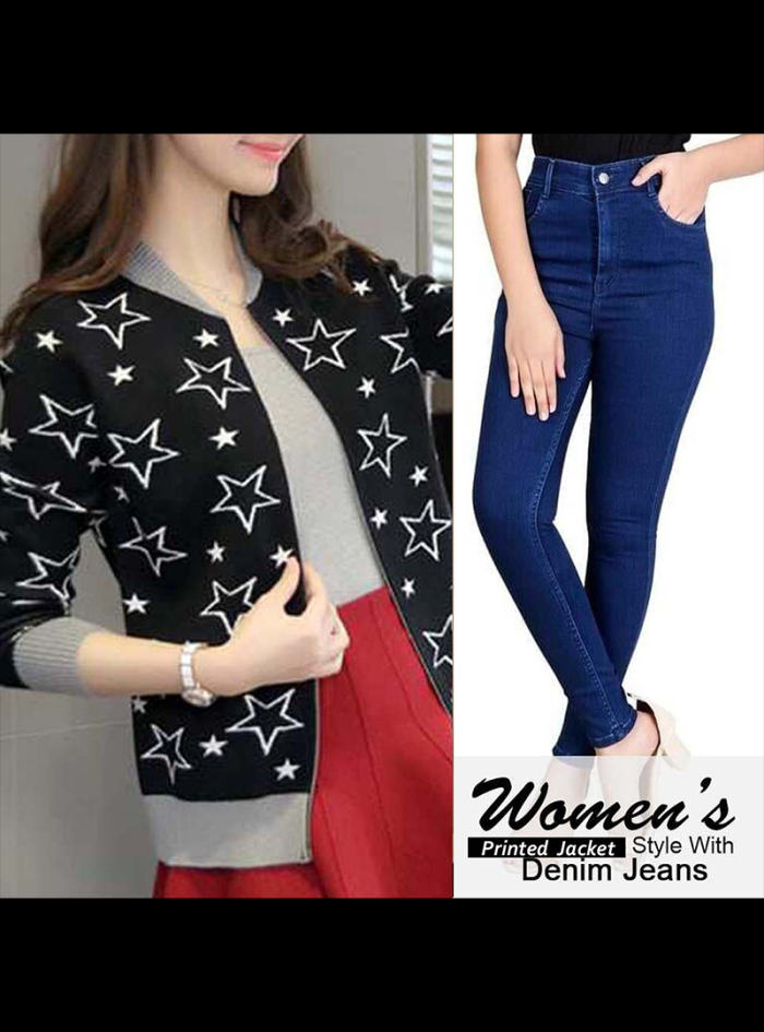 A&S Women's Star Printed Zipper Jacket