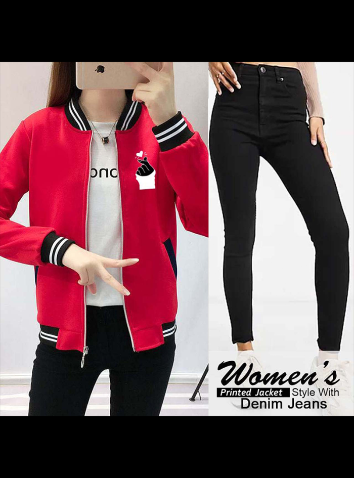 Women Baseball Printed Zipper Jacket